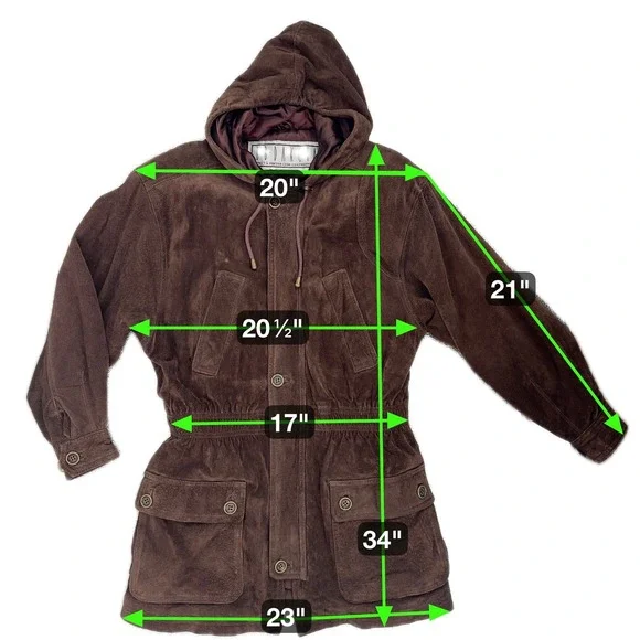 VTG Chocolate Brown Suede Jacket Hooded Leather Parka Oversized Sz S BB Dakota - Picture 13 of 14